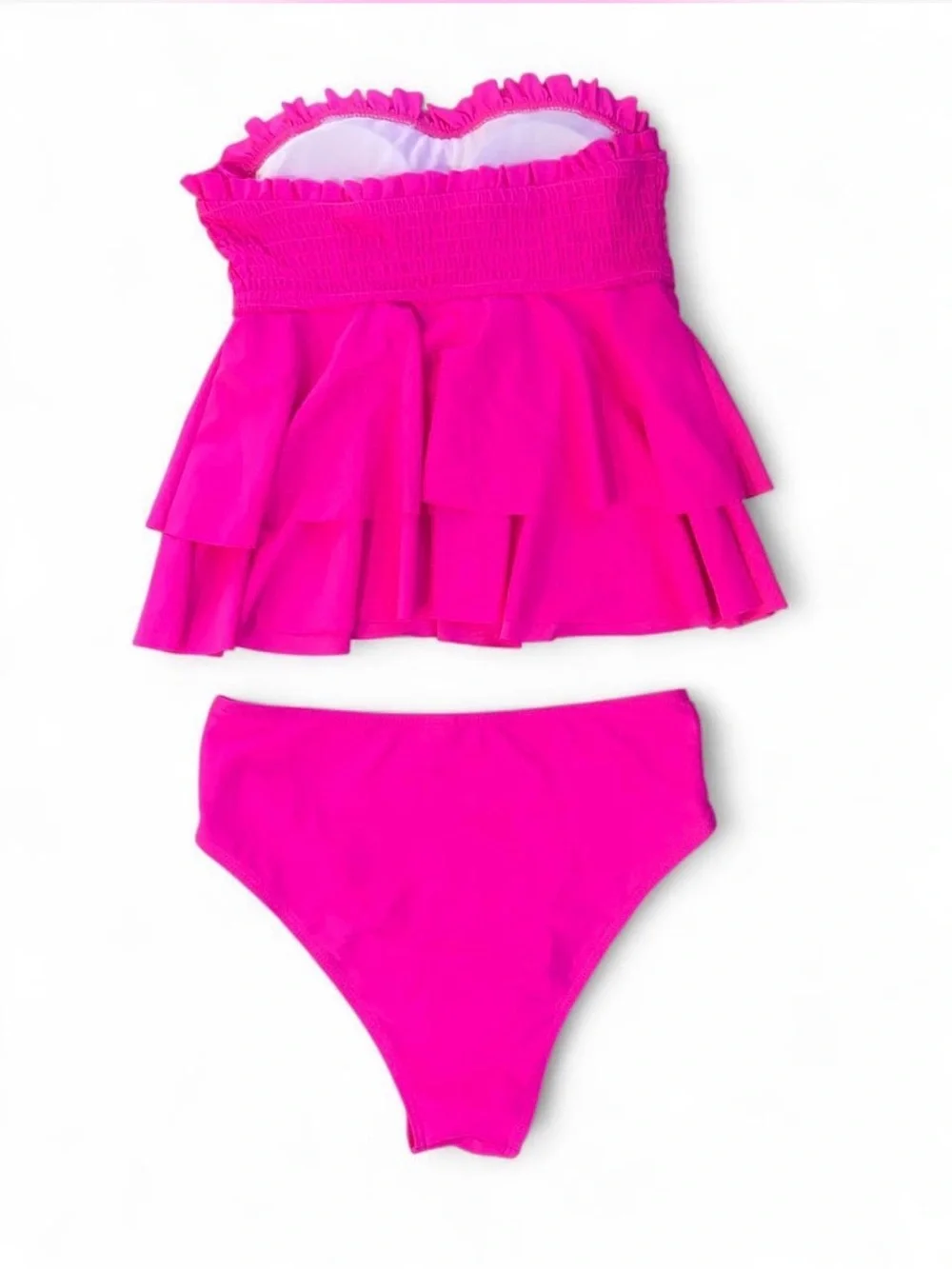SHEIN Bright Pink Ruffle Strapless Tankini Set